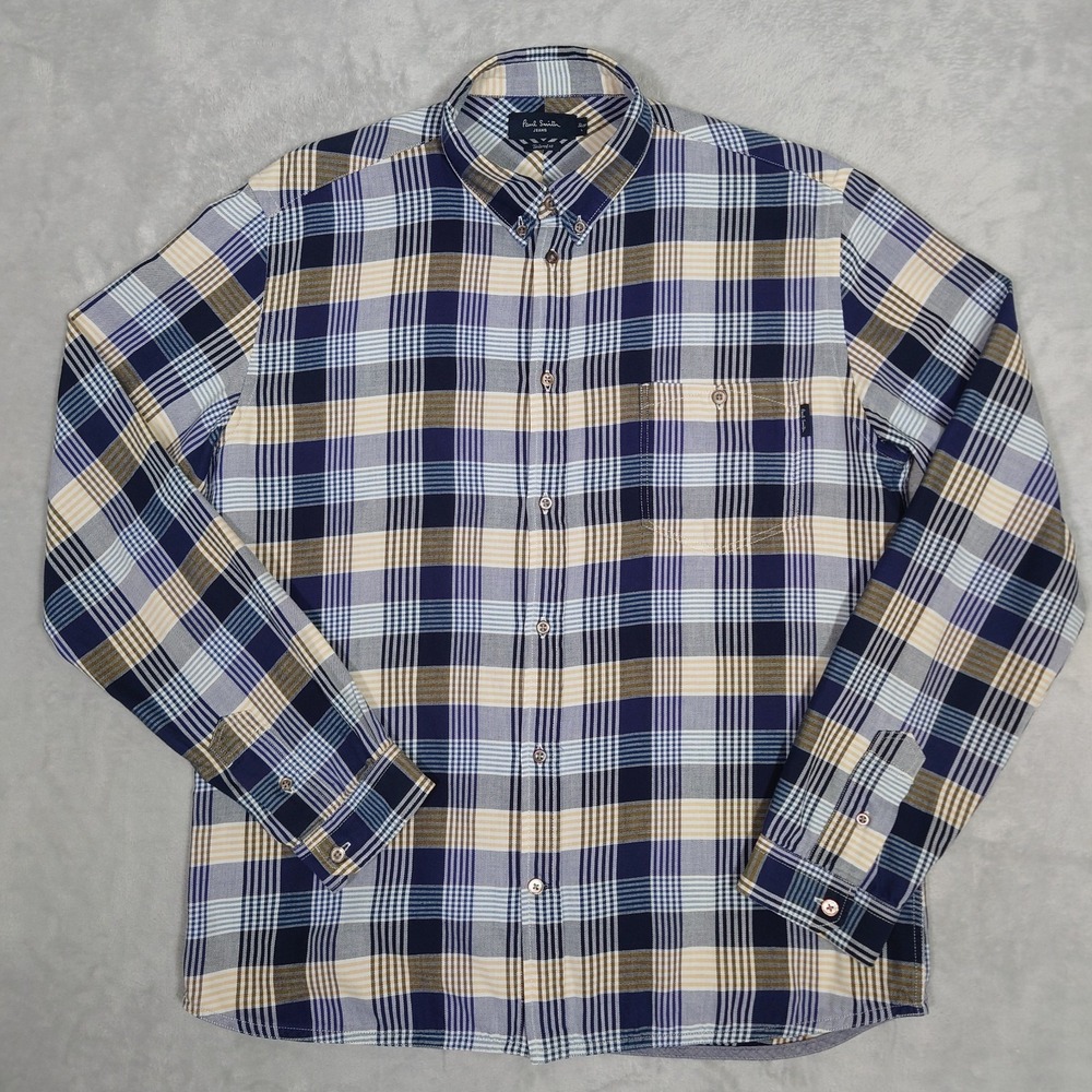 Paul Smith Jeans Plaid Shirt Mens L Blue 100% Cotton Twill Flannel Button Down